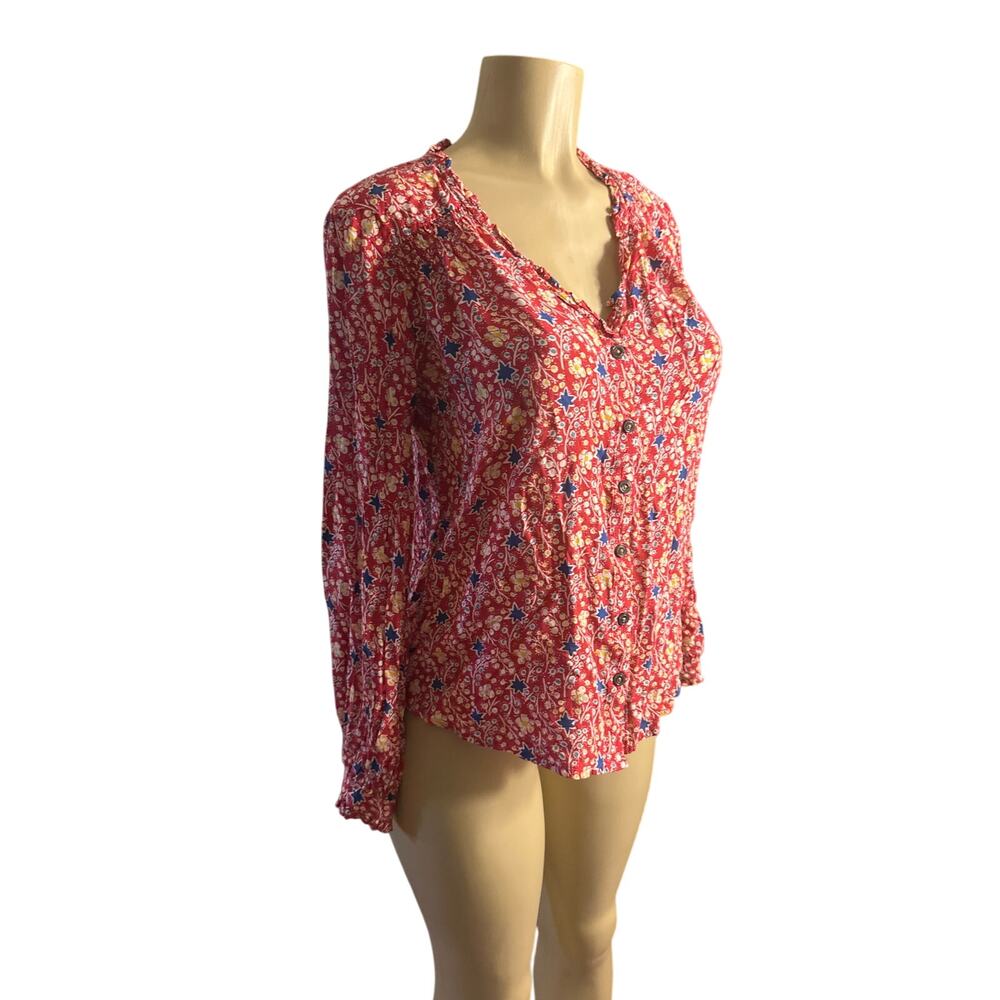 Women US-6 Anthropologie Maeve Marisol Ruffled Red Floral Print Blouse Shirt Top